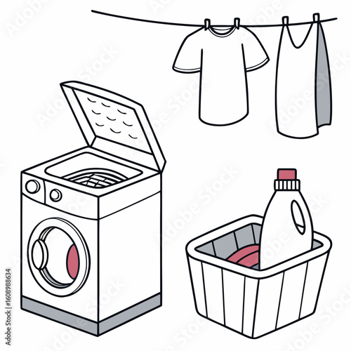 Washing machine clothes basket detergent bottle and hanging garments vector