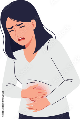 A woman experiencing stomach pain, holding her abdomen with a pained expression.