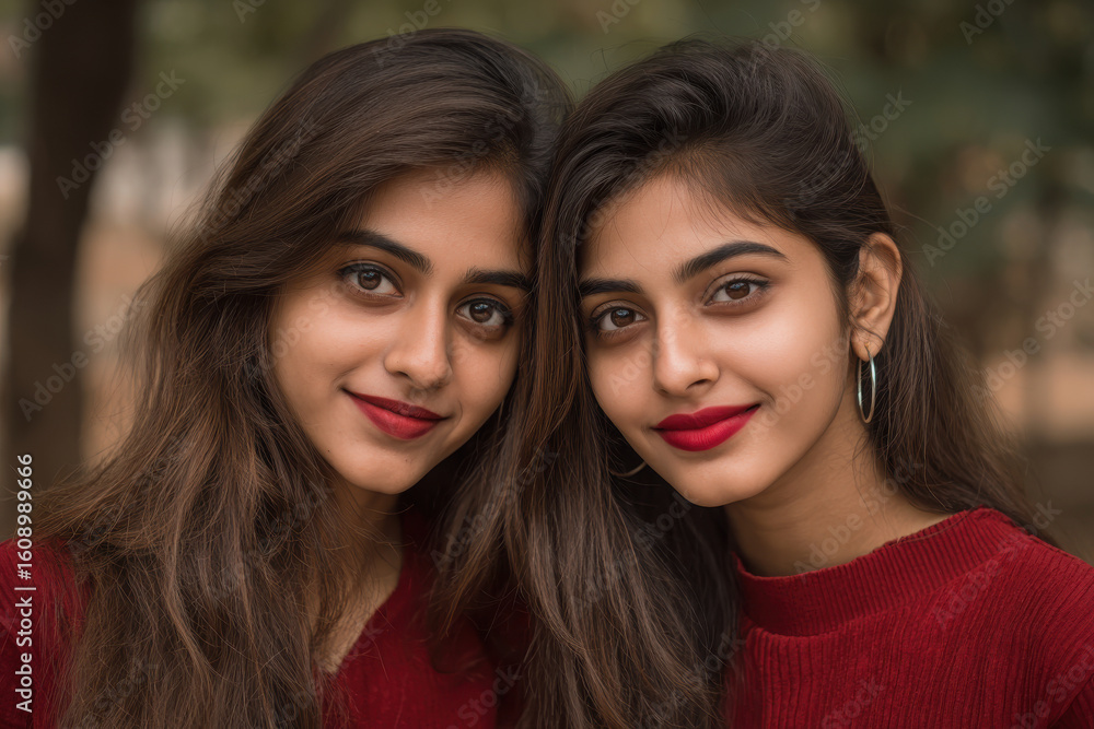 Obraz premium capture stunning portrait of matching models beautifully coordinated in vibrant outfits that reflect their