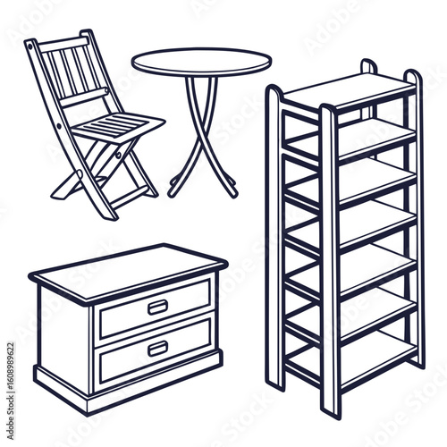 Wooden chair table chest of drawers and shelving unit vector