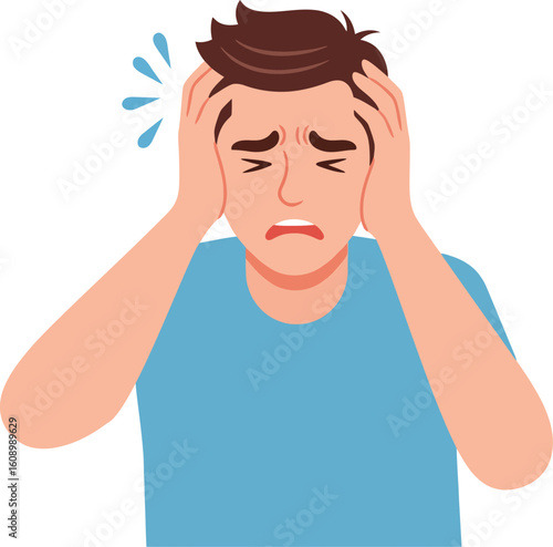 A cartoon illustration of a distressed young man clutching his head in pain.