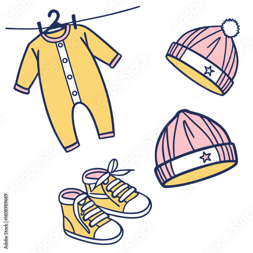 Yellow onesie pink beanies and sneakers baby clothes booties