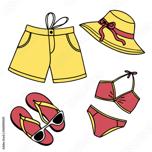 Yellow shorts red bikini yellow hat red flip flops white sunglasses summer clothing