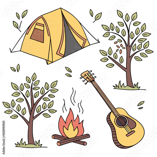 Yellow tent campfire guitar trees leaves camping summer