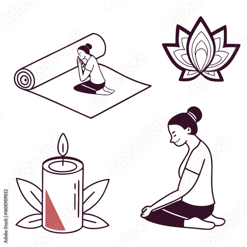Yoga meditation icons lotus pose mat candle vector
