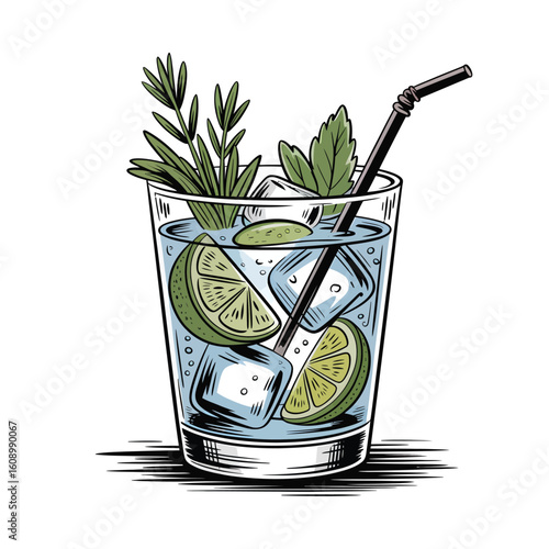 Hand Drawn Illustration Gin And Tonic Cocktail Glass Ice Lime Mint Rosemary Garnish Black Straw Light Blue Drink Retro Style Vintage Illustration