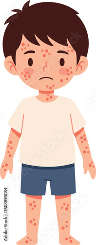 A cartoon boy stands with a sad expression, covered in red spots, likely indicating a rash or skin condition.