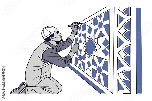 Skilled craftsman meticulously applying intricate geometric patterns to a decorative architectural panel with precision and dedication