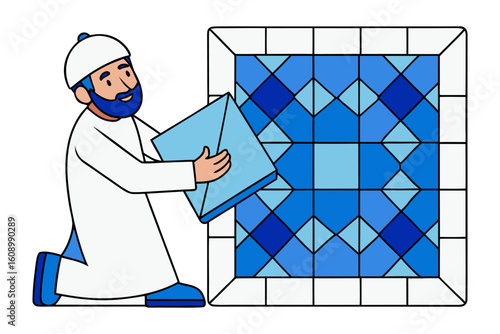Muslim craftsman meticulously places a geometric blue tile onto a decorative wall showcasing traditional islamic artistry and architectural detail