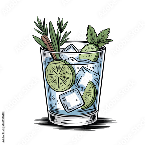 Hand Drawn Illustration Gin And Tonic Cocktail Drink Glass Lime Rosemary Mint Ice Cubes Blue Green Color Palette Vibrant Refreshing Summer Beverage