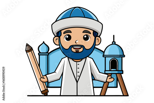 Charming cartoon depiction of a muslim scholar holding a pencil and a miniature minaret with a mosque in the background