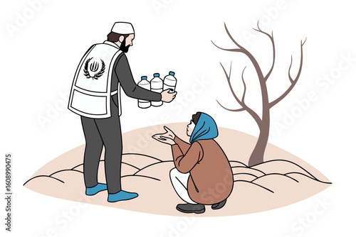 Compassionate aid worker distributes essential water bottles to a needy individual in a barren arid landscape under a bare tree