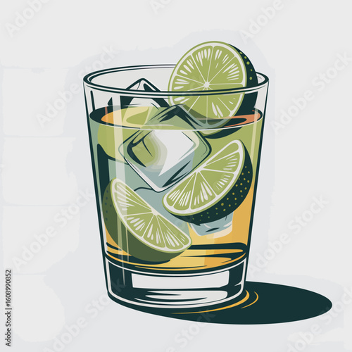 A detailed vector illustration of a rocks glass filled with a golden yellow liquid ice cubes and several lime wedges the glass is depicted
