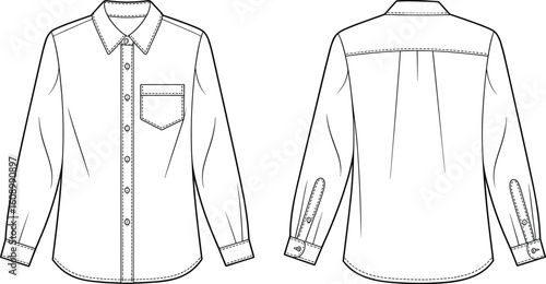 Long sleeve button-up shirt front and back view, technical flat sketch, fashion illustration, apparel template, vector design, editable outline