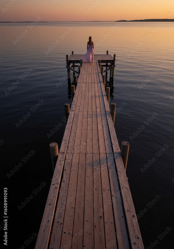 Fototapeta premium Woman in Pink Dress Sits on Wooden Pier at Sunset