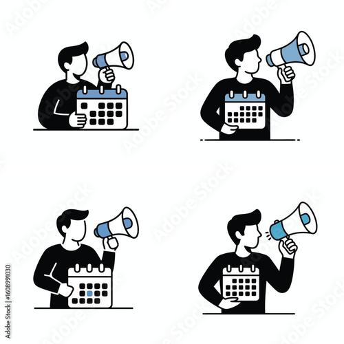 Four Illustrations of a Man Holding a Calendar and a Megaphone Announcing an Event or Important Date Light Blue and Black Color Scheme Simple