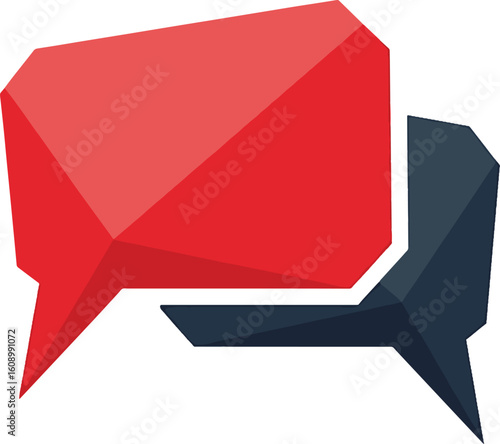 Modern low poly chat icons representing a communication concept. Geometric red and black speech bubbles for dialogue and discussion.