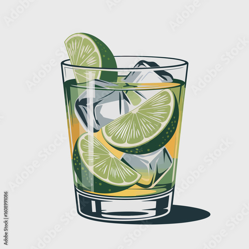 A vector illustration of a refreshing lime cocktail in a rocks glass filled with ice cubes and lime wedges a vibrant yellow liquid visible
