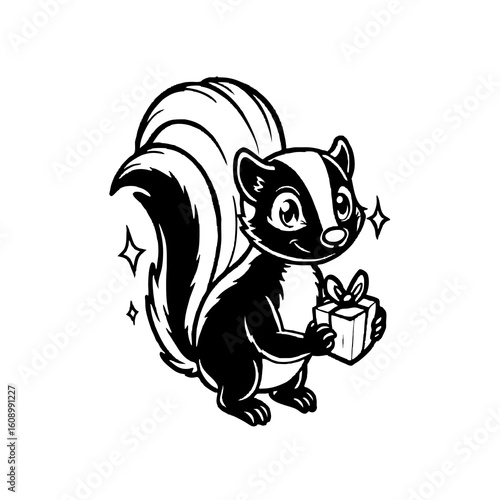 A cartoon skunk stands holding a small wrapped gift box, with a large striped tail and sparkling accents.