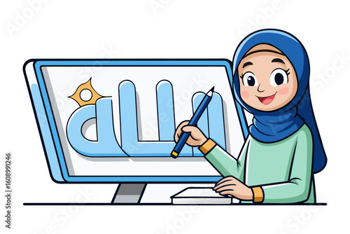 Young muslim woman wearing a hijab creatively designs islamic calligraphy on a computer screen with a pencil and notebook