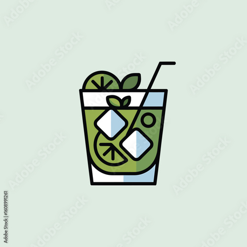 Flat vector illustration of a refreshing green cocktail in a rocks glass garnished with lime wedges mint leaves and ice cubes a minimalist