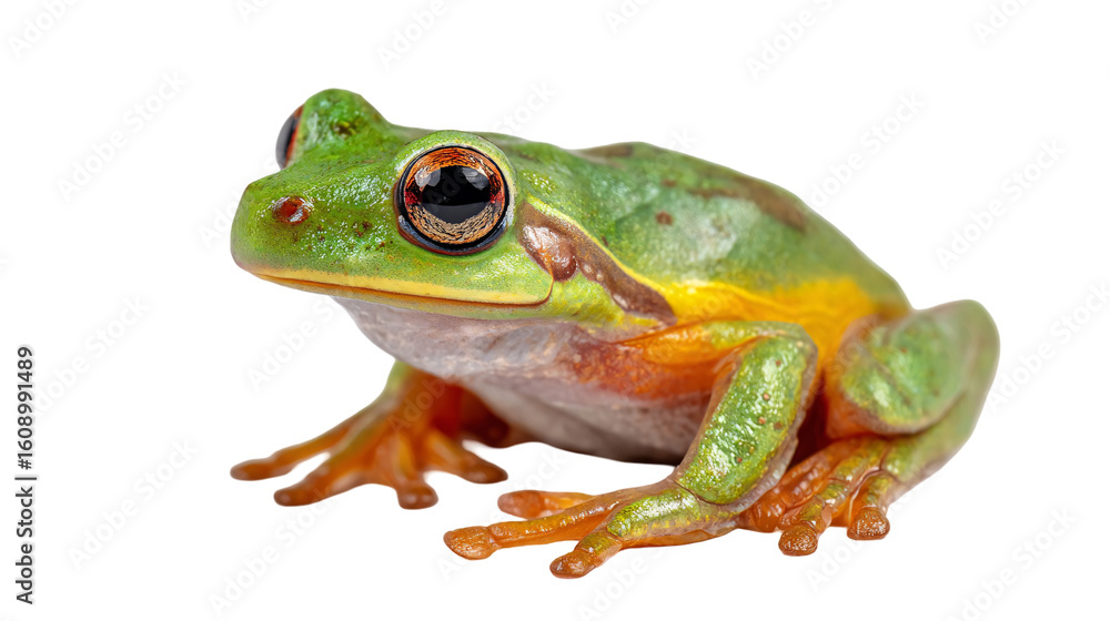 Obraz premium Close up of green and orange frog on white background