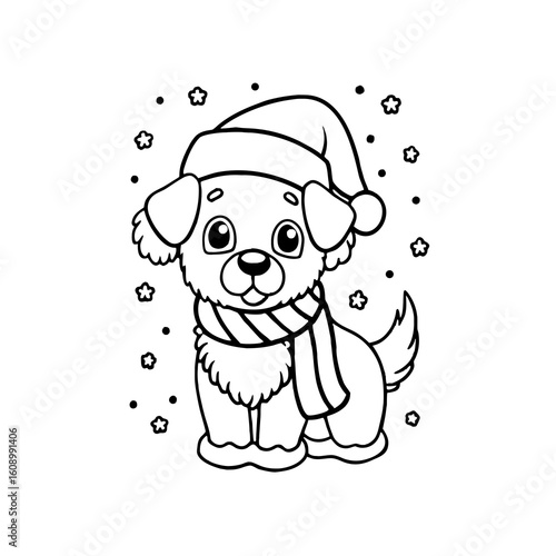 A cute cartoon puppy wearing a Santa hat and scarf surrounded by stars, presented in a black and white line drawing style.