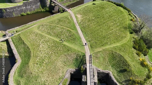 Aerial drone footage of Caerphilly Castle in Wales.