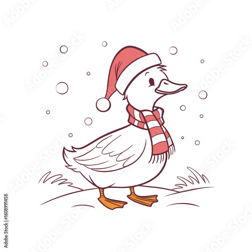 A cartoon duck wearing a Santa hat and a striped scarf stands in the snow with snowflakes falling.