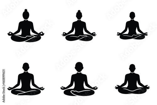 Seamless Pattern of Yoga Poses in Black Silhouettes on a White Background for Meditation and Wellness Concepts