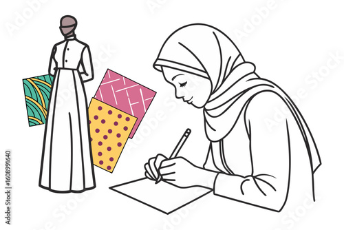 Young muslim woman in hijab designing fashionable clothing and holding fabric samples while a mannequin displays a stylish abaya