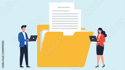 Document Management and Collaborative Workflow: Business Professionals Accessing Digital Files, Sharing Information, and Organizing Data for Efficient Teamwork.