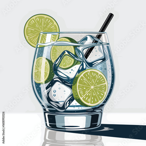 A hyperrealistic digital painting of a gin and tonic cocktail in a rocks glass featuring several lime wedges and ice cubes a black straw is