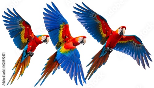 Three scarlet macaws in flight against a white background (1)