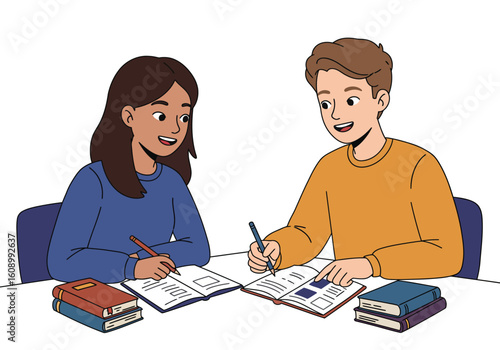 Two young students, a boy and a girl, are happily studying together, writing in their notebooks at a table.