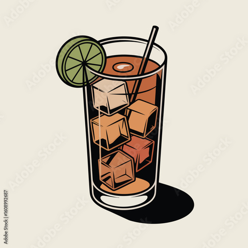 Isometric Vector Illustration of a Highball Glass Filled with Amber Liquid Ice Cubes and Lime Wedge 1