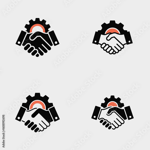 Four variations of a black and coral handshake graphic design featuring a gear symbol above clasped hands representing partnership teamwork