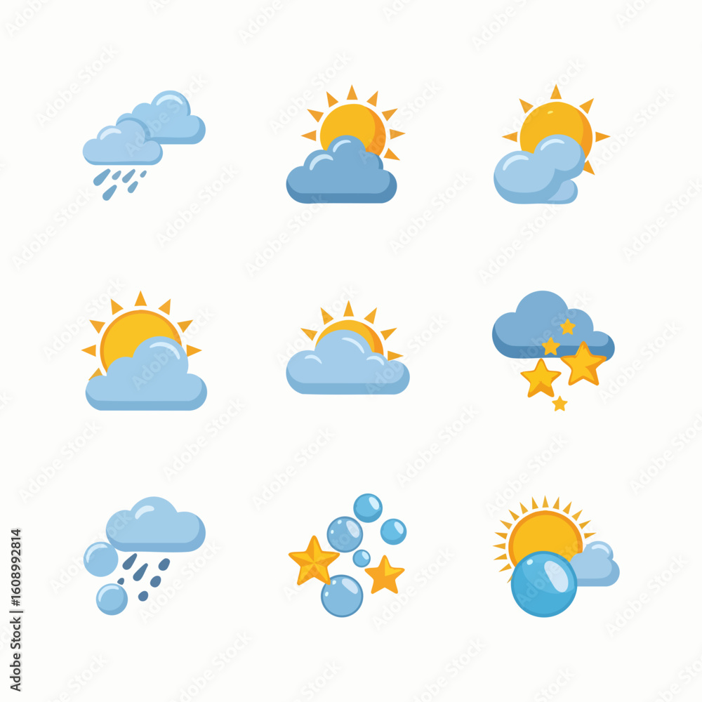 Obraz premium Flat Design Weather Icons Set Cloud Sun Rain Stars Bubbles Forecast