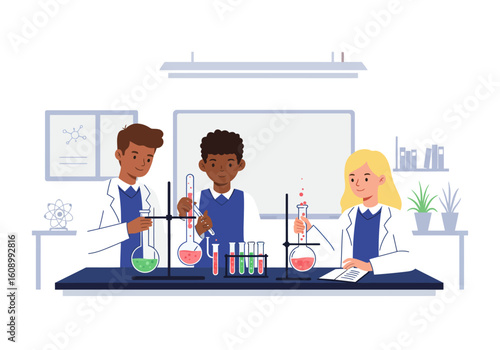 Three students in lab coats conducting experiments with beakers and test tubes.