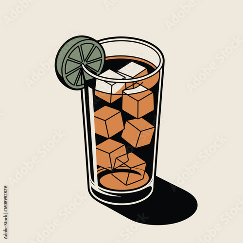 Isometric Vector Illustration of an Amber Highball Glass Filled with Ice Cubes and a Lime Wedge