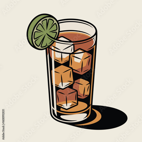 Isometric Vector Illustration of a Highball Glass Filled with Amber Liquid Ice Cubes and Lime Wedge 2