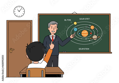 Smiling teacher explaining the solar system to attentive students in a classroom.