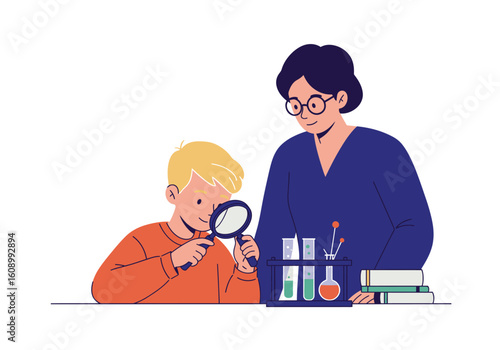 A boy and a woman teacher are engaged in a science experiment, using a magnifying glass to examine test tubes and beakers.