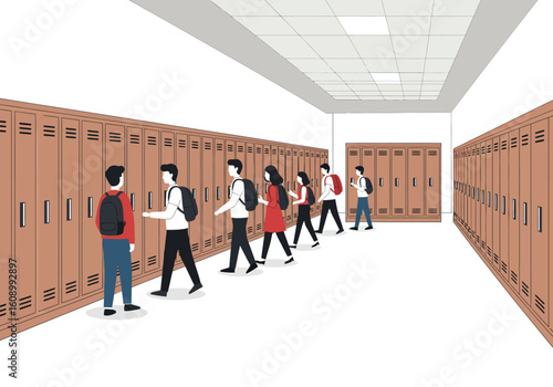 Students with backpacks walk down a school hallway lined with lockers on both sides, heading towards a bright doorway.