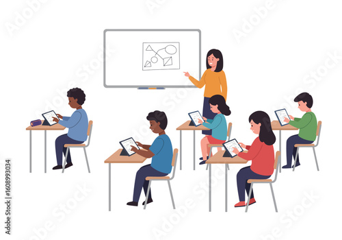 Teacher instructing elementary school children using tablets and a whiteboard in a classroom setting.