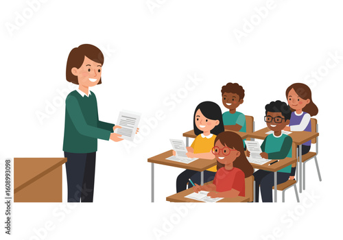 A smiling female teacher instructs a diverse group of happy young students in a classroom.