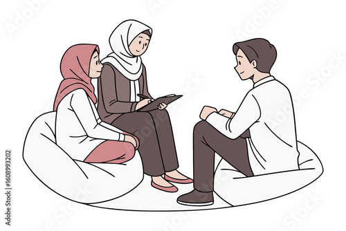 Diverse group of three individuals two women in hijabs and a man engaged in a collaborative discussion while seated on comfortable floor cushions