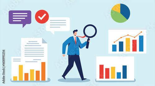 Data Analysis and Business Review: Man Examining Charts, Confirming Information, and Interpreting Reports for Strategic Decision-Making and Performance Insights.