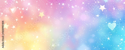 Holographic rainbow pastel kawaii unicorn background with hearts and stars, glittery and sparkly
