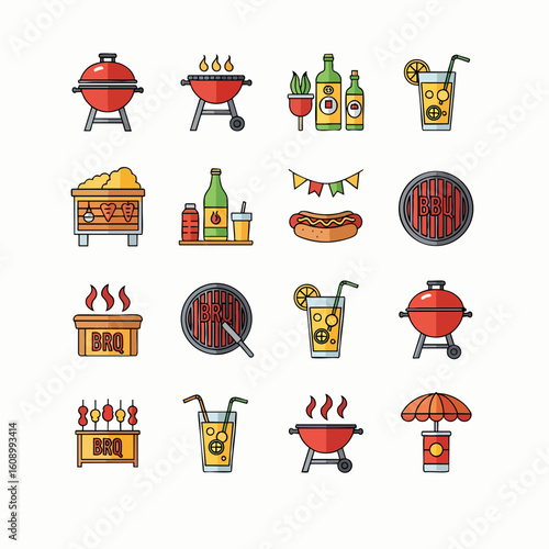 Barbecue grill party food drinks picnic icons set